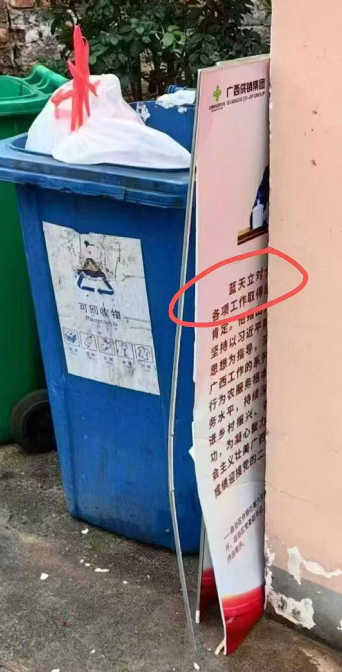 广西大规模去蓝化,将落马的蓝天立官方宣传照丢弃。 网图 广西大规模去蓝化,将落马的蓝天立官方宣传照丢弃。 网图