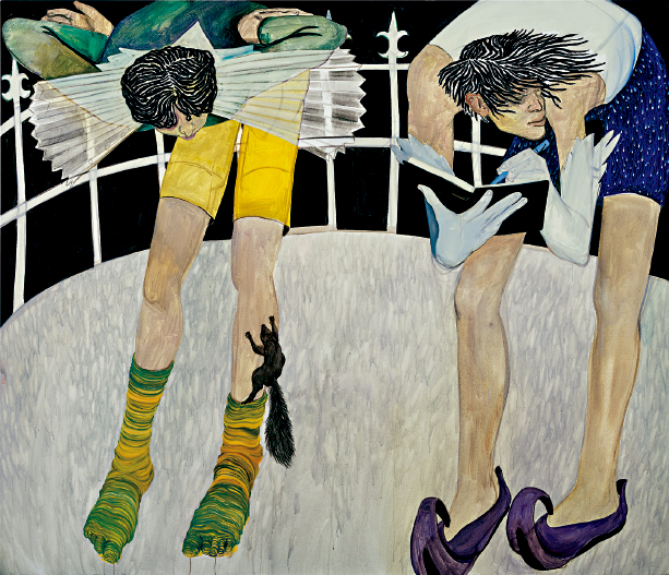 90后新锐艺术家的代表人物丁士伦的油彩画作《争执(仿《仙女》)》,2021年作,估价由180,000至 280,000港元。 90后新锐艺术家的代表人物丁士伦的油彩画作《争执(仿《仙女》)》,2021年作,估价由180,000至 280,000港元。