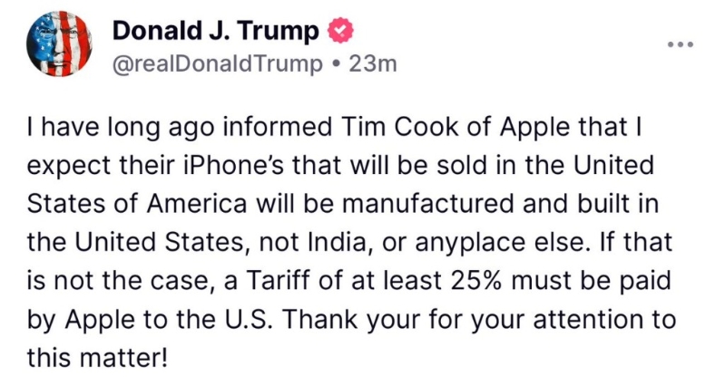 特朗普发文警告苹果生产回归美国本土。 特朗普发文警告苹果生产回归美国本土。