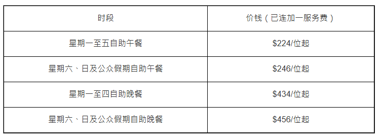 Park Café长者自助餐优惠价目表: Park Café长者自助餐优惠价目表: