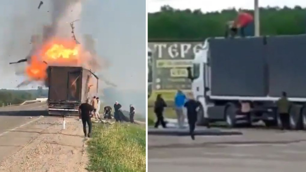 网传俄罗斯民众爬上货车,企图砸毁乌克兰的无人机。 网传俄罗斯民众爬上货车,企图砸毁乌克兰的无人机。