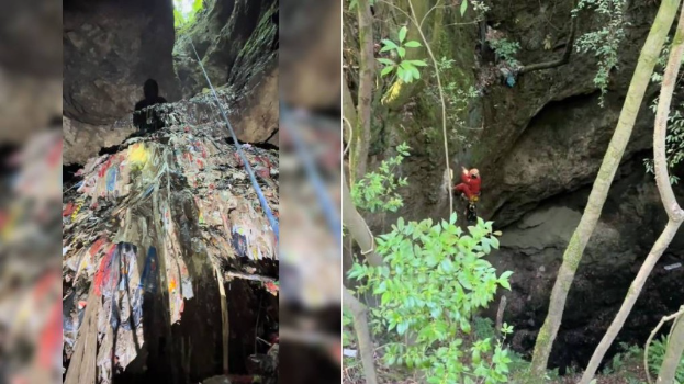 张家界有溶洞被人当作垃圾场,生活废物堆起如7层楼高。抖音@湘仔宝宝 张家界有溶洞被人当作垃圾场,生活废物堆起如7层楼高。抖音@湘仔宝宝