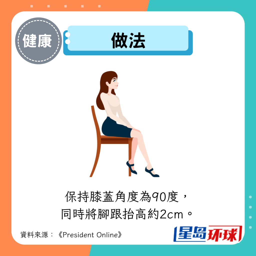 做法:保持膝盖角度为90度, 同时将脚跟抬高约2cm。 做法:保持膝盖角度为90度, 同时将脚跟抬高约2cm。