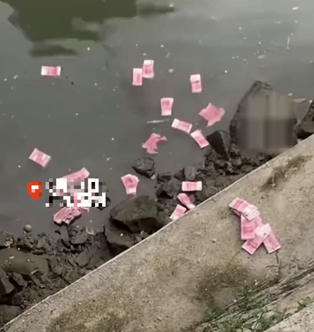 深圳河道惊现大叠钞票。 深圳河道惊现大叠钞票。