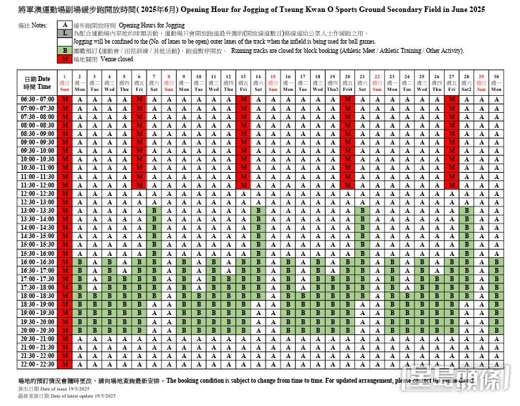 将军澳运动场副场平日傍晚时段长期被团体预订,跑道暂停开放。 将军澳运动场副场平日傍晚时段长期被团体预订,跑道暂停开放。