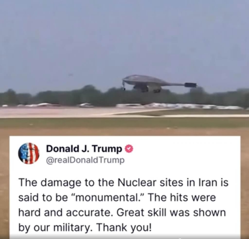 美国总统特朗普公开B-2轰炸机安全返抵密苏里州基地的影片。 美国总统特朗普公开B-2轰炸机安全返抵密苏里州基地的影片。