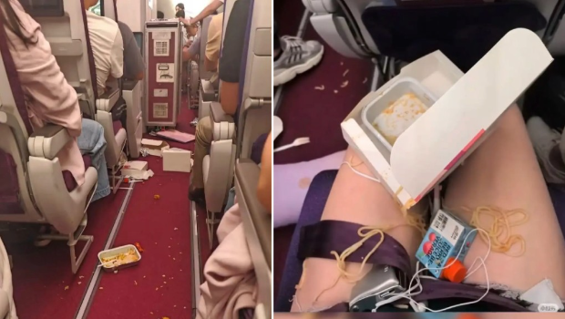 飞机遇上晴空颠簸后,食物和杂物散满一地。微博@《南方日报》 飞机遇上晴空颠簸后,食物和杂物散满一地。微博@《南方日报》