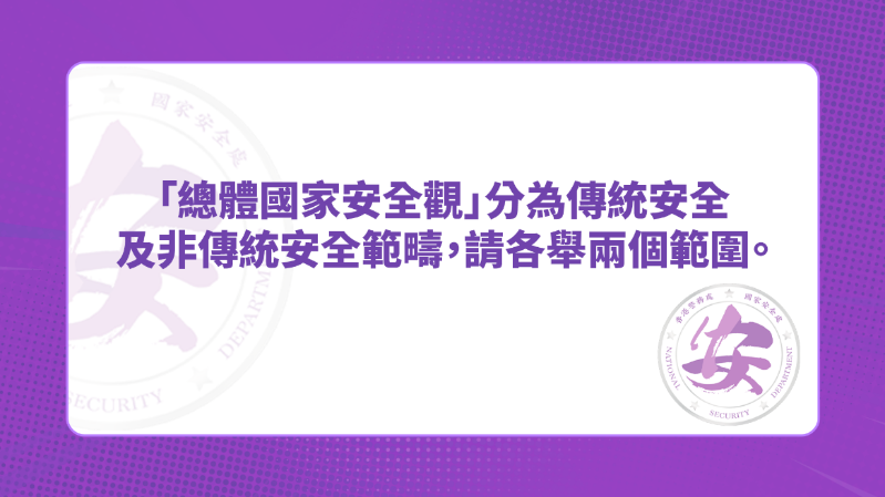 答案:传统安全包括政治安全 、 军事安全 、 国土安全 。非传统安全包括经济安全 、 金融安全 、 文化安全 、 社会安全 、 科技安全 、 网络安全 、 粮食安全 、 生态安全 、 资源安全 、 核安全 、 海外利益安全 、 太空安全 、 深海安全 、 极地安全 、 生物安全 、 人工智能安全 、 数据安全 。 答案:传统安全包括政治安全 、 军事安全 、 国土安全 。非传统安全包括经济安全 、 金融安全 、 文化安全 、 社会安全 、 科技安全 、 网络安全 、 粮食安全 、 生态安全 、 资源安全 、 核安全 、 海外利益安全 、 太空安全 、 深海安全 、 极地安全 、 生物安全 、 人工智能安全 、 数据安全 。