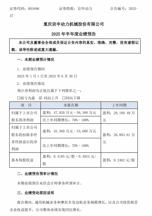 宗申动力业绩预告 宗申动力业绩预告