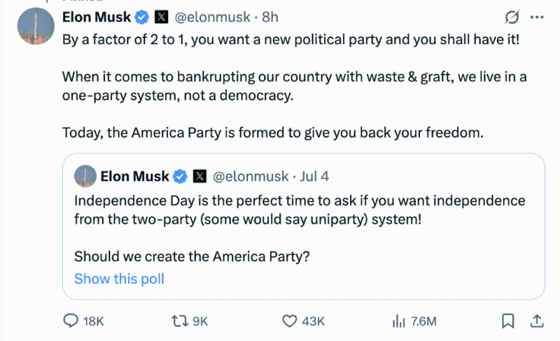 马斯克在社交平台X上宣布成立“美国党” 马斯克在社交平台X上宣布成立“美国党”