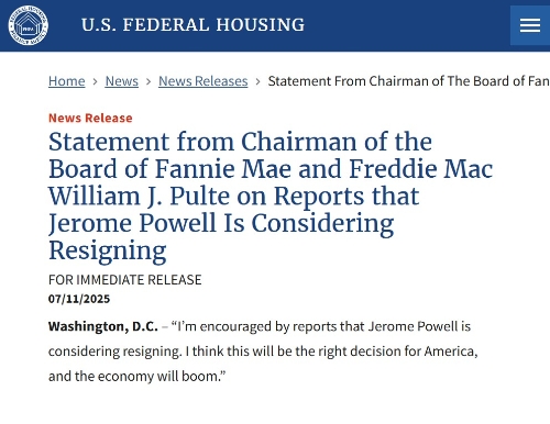 FHFA网站发布主席声明。 FHFA网站发布主席声明。