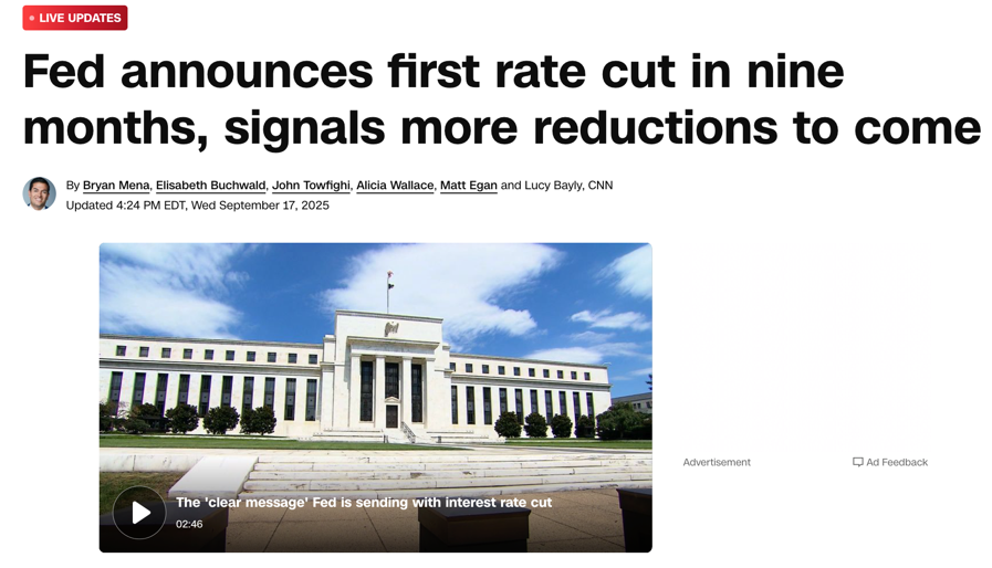 CNN报道,美联储9个月来首次宣布降息 CNN报道,美联储9个月来首次宣布降息