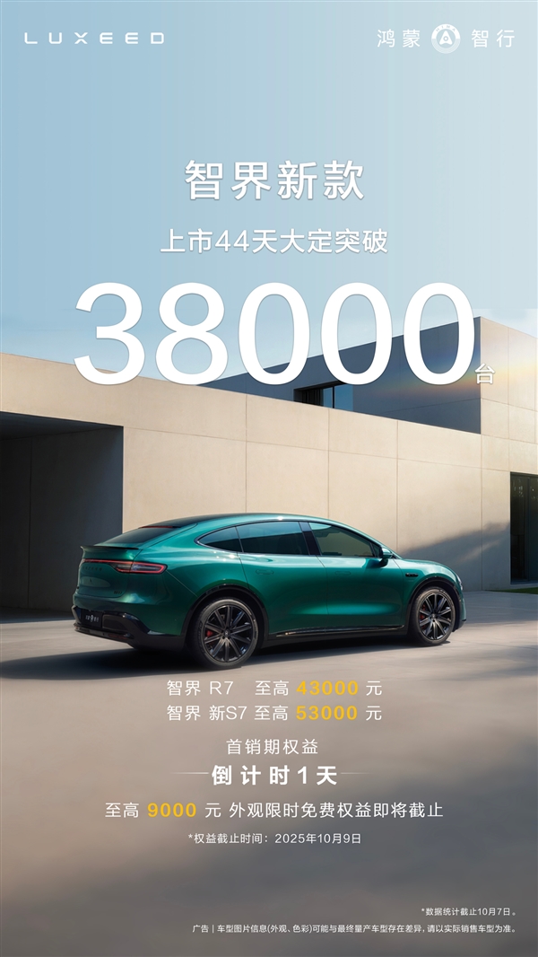 鸿蒙智行又一界站起来了!新款智界R7/S7上市44天大定破38000台