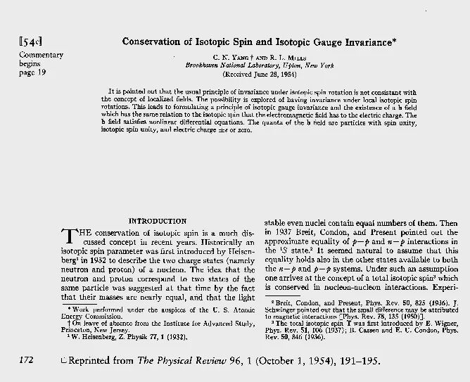 1954年杨振宁与米尔斯关于“非阿贝尔规范场”的论文 1954年杨振宁与米尔斯关于“非阿贝尔规范场”的论文