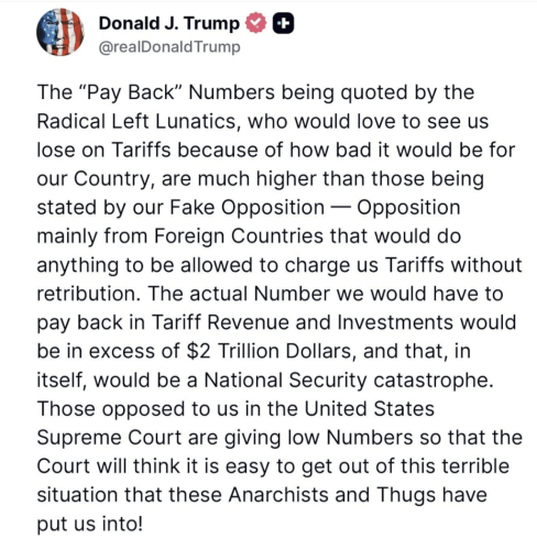 特朗普发帖,强调若法院最终裁定其动用IEEPA征收关税的行为违法,所造成的后果将远超外界预期。 特朗普发帖,强调若法院最终裁定其动用IEEPA征收关税的行为违法,所造成的后果将远超外界预期。