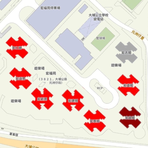 宏福苑8座大厦,宏昌阁(暗红)最先起火,之后蔓延至其他大厦,仅宏志阁(灰)幸免。 宏福苑8座大厦,宏昌阁(暗红)最先起火,之后蔓延至其他大厦,仅宏志阁(灰)幸免。