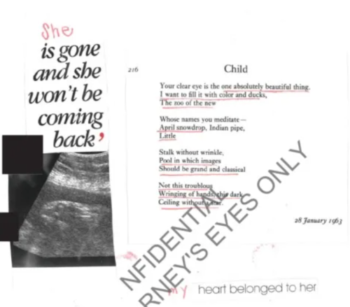 这名受害者的日记中附有B超照片,写着“她走了也不会再回来了”,旁边还附上了美国女诗人西尔维娅·普拉斯创作于1963年的诗歌《孩子》 这名受害者的日记中附有B超照片,写着“她走了也不会再回来了”,旁边还附上了美国女诗人西尔维娅·普拉斯创作于1963年的诗歌《孩子》