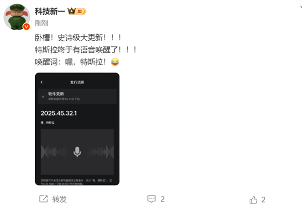 终于有语音唤醒!特斯拉史诗级更新 车主:终于等到了
