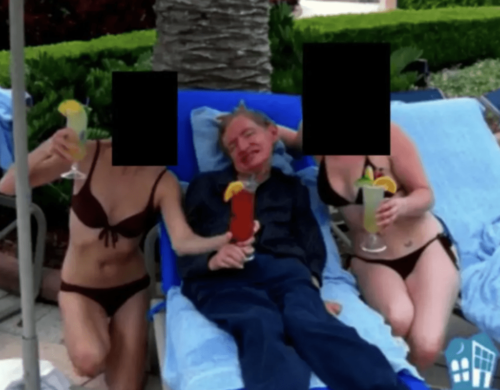 照片中,霍金躺在海滩椅上,身旁有两名身穿黑色比坚尼的妙龄女子。 照片中,霍金躺在海滩椅上,身旁有两名身穿黑色比坚尼的妙龄女子。