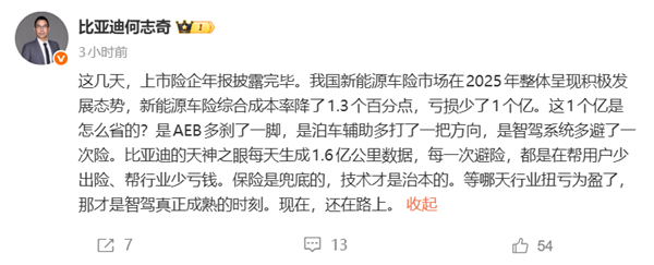 比亚迪何志奇:辅助驾驶让新能源车险少亏了1个亿