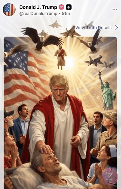 伊朗驻外使馆发AI片:特朗普遭耶稣“爆头打入地狱”。 伊朗驻外使馆发AI片:特朗普遭耶稣“爆头打入地狱”。